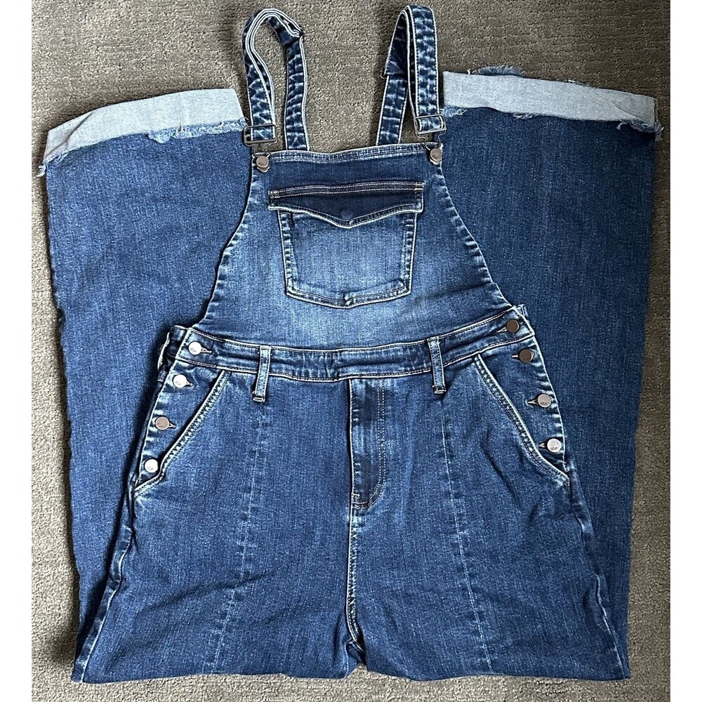 Wash Lab Wide Leg Blue Denim Bib Overalls L Frayed Hem, Baggy Oversized